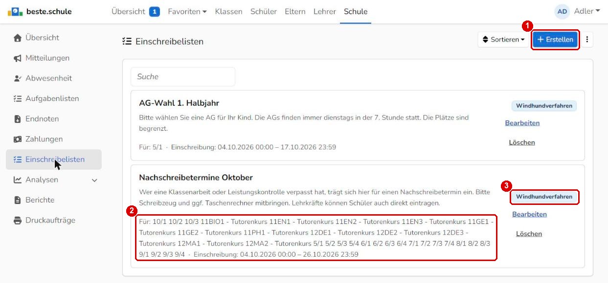 Einschreibelisten der ganzen Schule