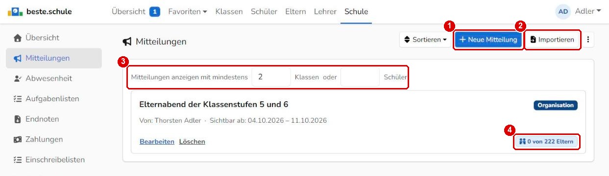Schulweite Mitteilungen in der Übersicht