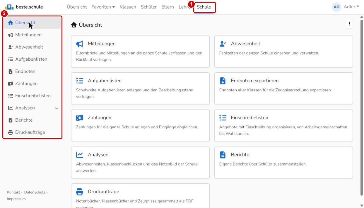 Menüpunkt Schule mit den schulweiten Funktionen