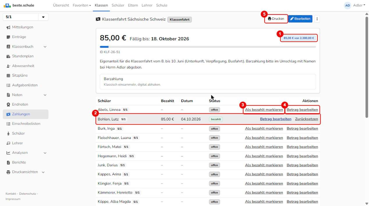 Zahlungsstand einer Klasse