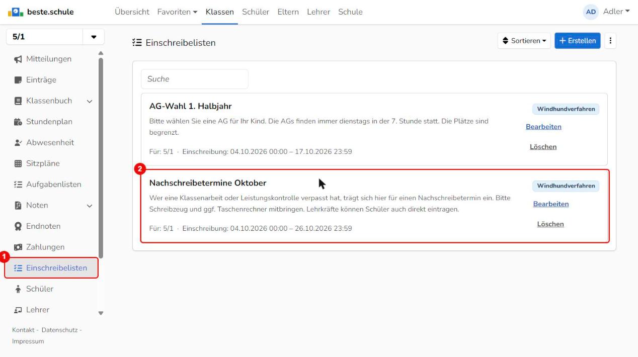 Schulweite Einschreibeliste in der Klasse